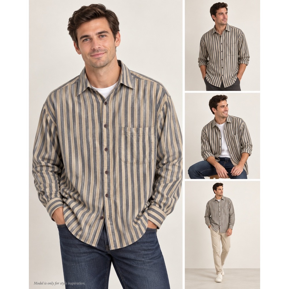 Claiborne Striped Button Up Shirt Mens XL Gray Tan Cotton Herringbone Casual
